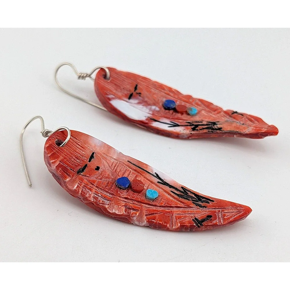 Handmade Native American Earrings Kachina Shell Zuni Pueblo Art by G. Chattin **